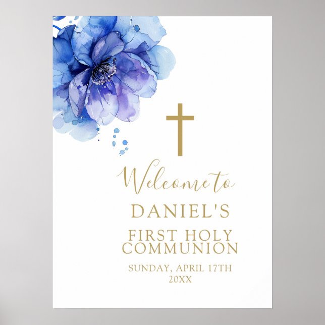 Aquarelle bleue Floral Sainte Communion Affiche de (Devant)