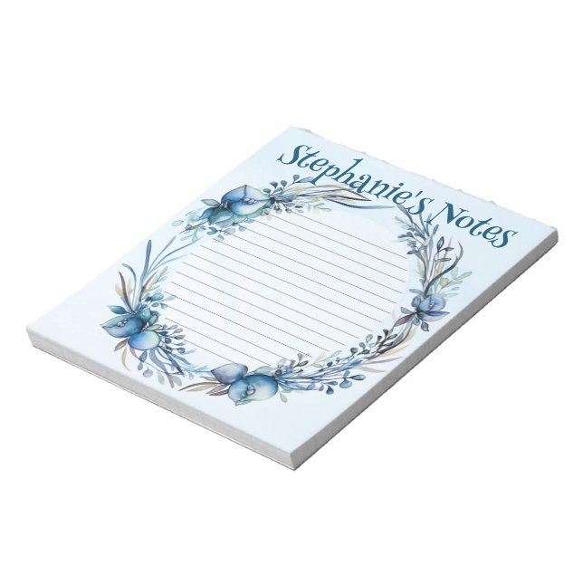 Aquarelle bleue florale Bloc-notes personnalisé (Tourné)