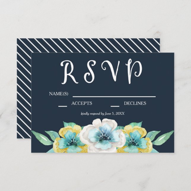 Aquarelle bleue Mariage floral RSVP (Devant / Derrière)