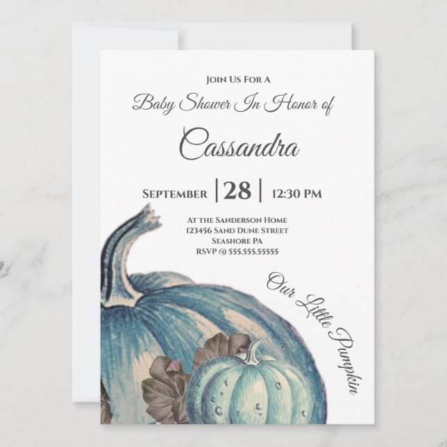 Aquarelle bleue Notre petit Baby shower Citrouille (Devant)