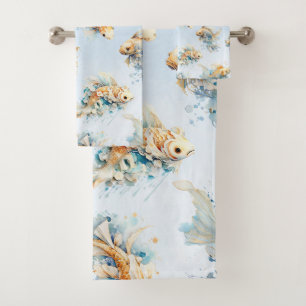 Aquarelle bleue Or Blanc Koi Poisson Floral