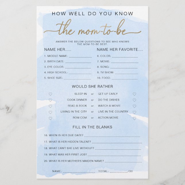 Aquarelle bleue Or connaître le jeu Maman-to-be (Devant)