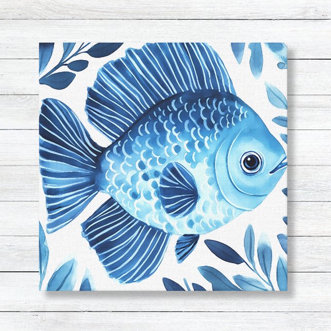 Aquarelle bleue Poisson Décor Côtier Toile (Blue Watercolor Fish and Seaweed - Coastal Beach House and Bathroom Wall Art Canvas)