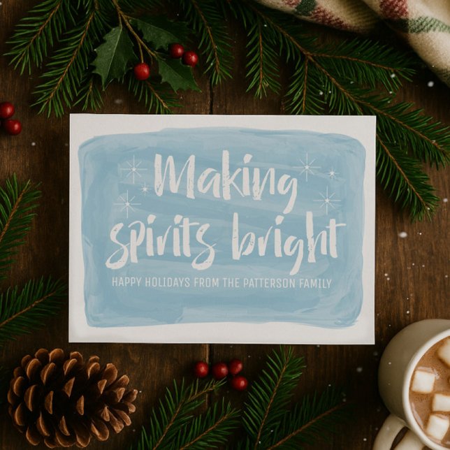 Aquarelle Bleue Rendre les esprits Carte Vacances  (Blue Watercolor Making Spirits Bright Holiday Card)