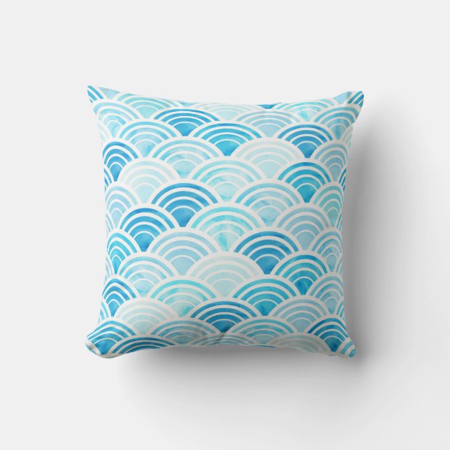 Aquarelle bleue Seigaiha Waves Coussin Motif (Recto)