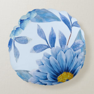 Aquarelle bleue vive Floral Coussin rond
