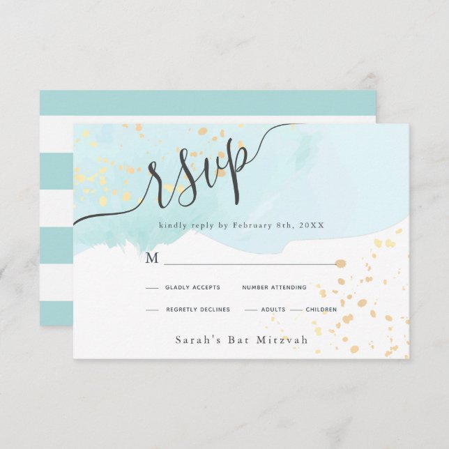 Aquarelle bleue x plaquettes or Bat mitzvah RSVP (Devant / Derrière)