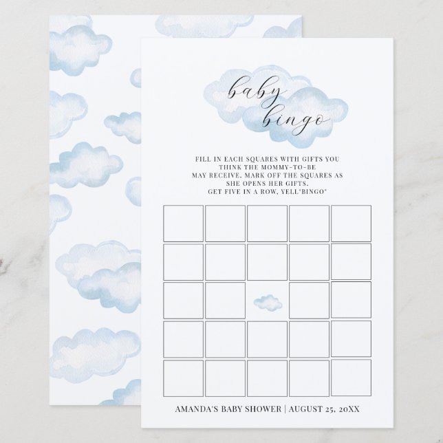 Aquarelle Blue Cloud Baby shower bébé Bingo (Devant / Derrière)