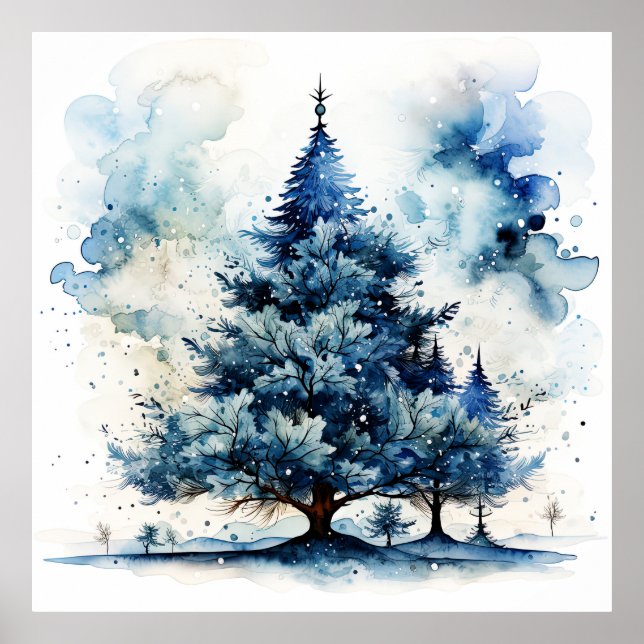Aquarelle Blue Holiday Christmas Tree Poster (Devant)