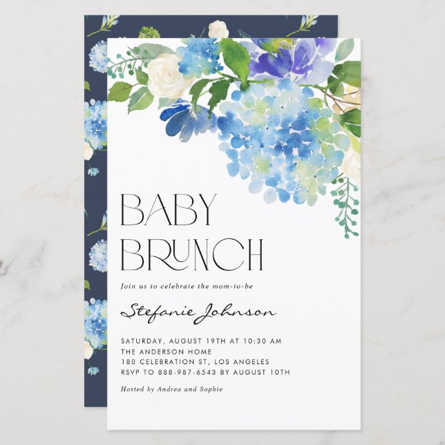 Aquarelle Blue Hydrangea Baby Brunch Invitation (Devant / Derrière)