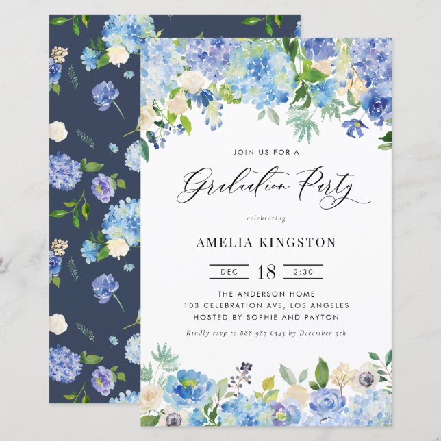 Aquarelle Blue Hydrangea Graduation Party Invitati (Devant / Derrière)