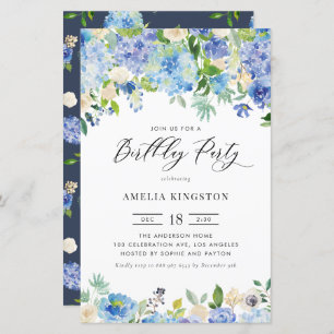 Aquarelle Blue Hydrangea Invitation d'anniversaire