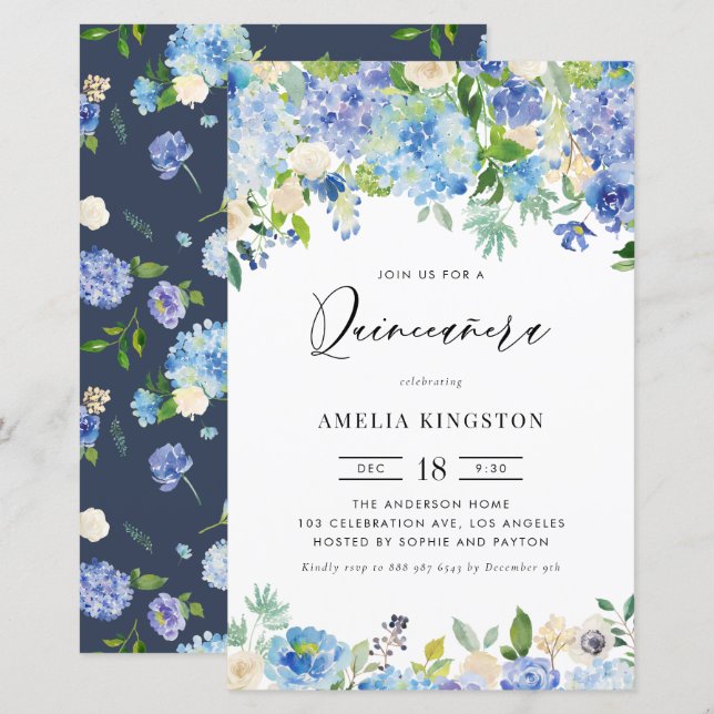 Aquarelle Blue Hydrangea Quinceañera Invitation (Devant / Derrière)