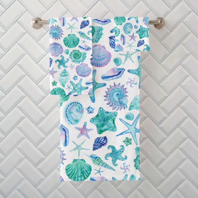 Aquarelle Blue Sea Shops et Motif Starfish (Watercolor Blue Sea Shells and Starfish Pattern Bath Towel Set)