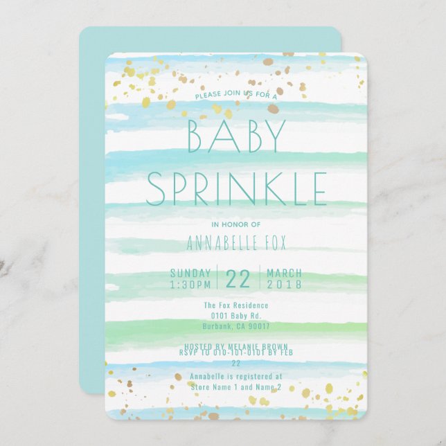 Aquarelle Blue Stripes Baby Sprinkle Invitation (Devant / Derrière)