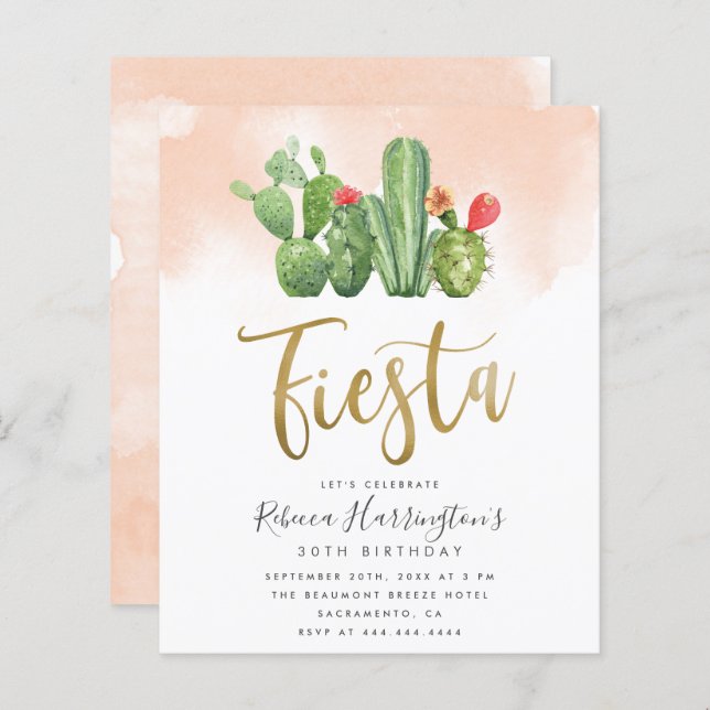 Aquarelle Blush Budget & Fête Cactus Anniversaire (Devant / Derrière)