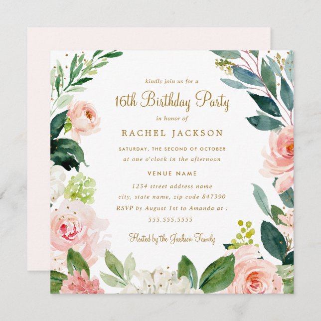Aquarelle Blush Gold Floral 16e Invitation d'anniv (Devant / Derrière)