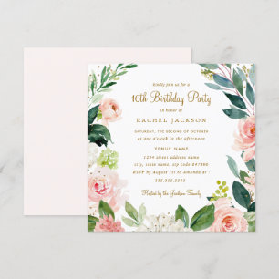 Aquarelle Blush Gold Floral 16e Invitation d'anniv
