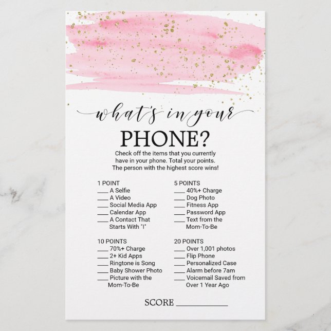 Aquarelle Blush & Gold What's In Your Phone Game (Devant)