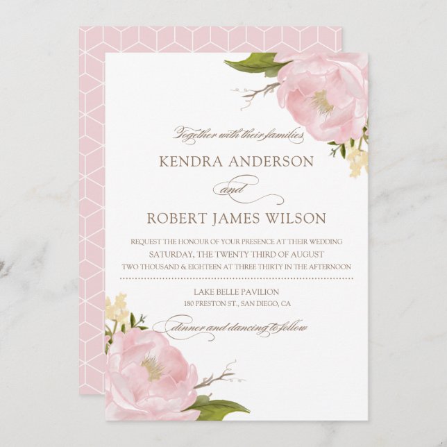 Aquarelle Blush Pink Peonies Faire-part de mariage (Devant / Derrière)