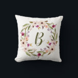 Aquarelle Bohème Floral Wreath Coussin<br><div class="desc">Coussin d'inspiration bohème avec des fleurs d'aquarelle violet et d'ivoire avec des feuilles de feuillage. Ce coussin monogramme personnalisable est parfait comme un cadeau personnalisé et un accent de chambre de nurserie.</div>