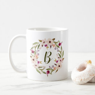 Aquarelle Bohème Floral Wreath Monogramme Mug