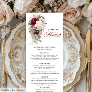 Aquarelle Boho Bourgogne Blanc Menu Mariage