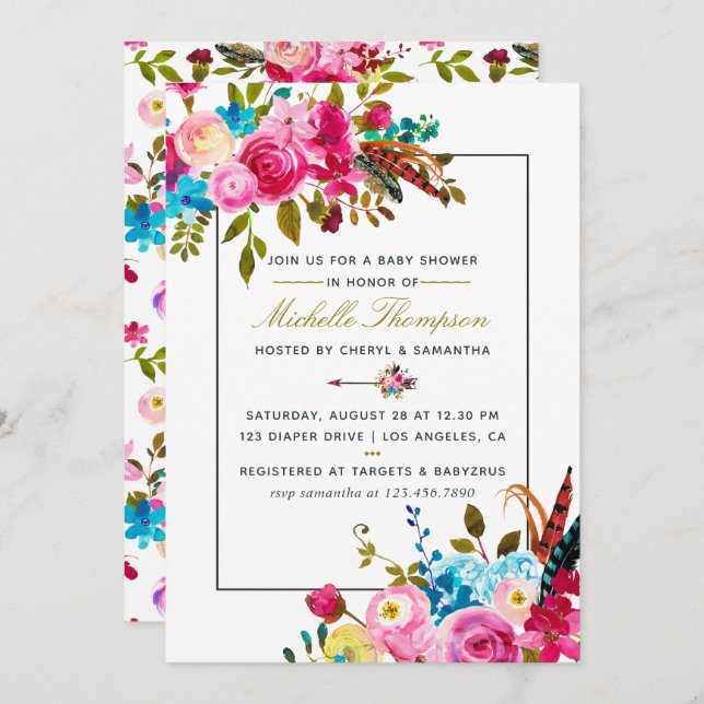 Aquarelle Boho Chic Floral Baby shower invitation (Devant / Derrière)