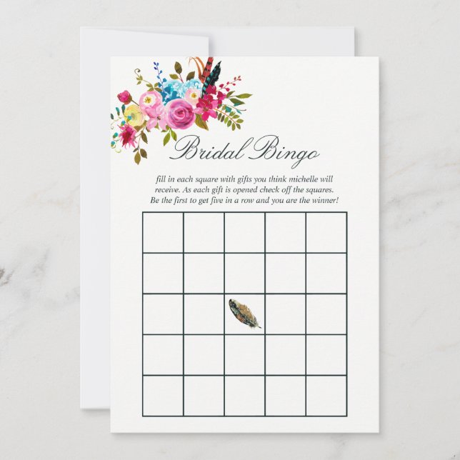 Aquarelle Boho Chic Floral Mariage Bingo nuptiale (Devant)