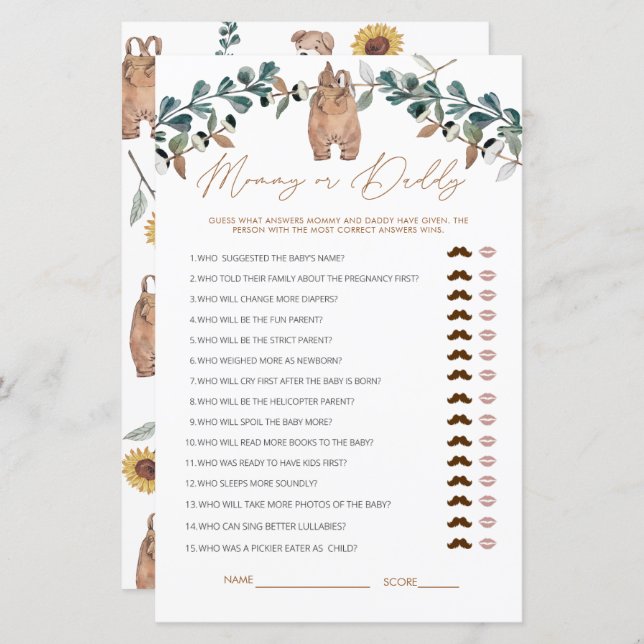 Aquarelle Boho maman ou papa Baby shower jeu (Devant / Derrière)