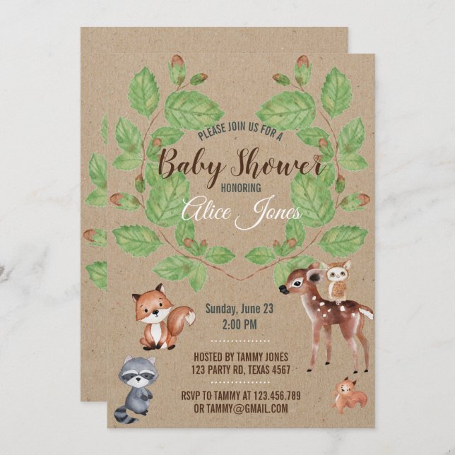 Aquarelle Bois Animaux Baby shower Invitation (Devant / Derrière)
