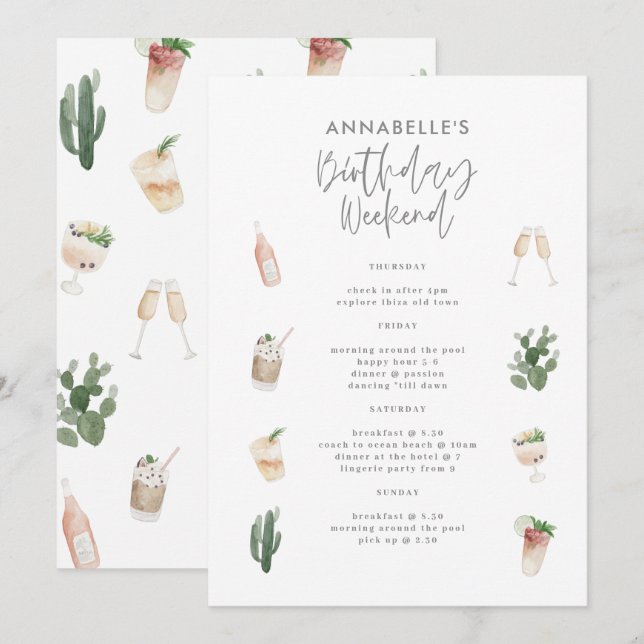 Aquarelle boissons bachelorette week-end itinérair (Devant / Derrière)