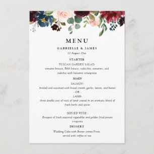 aquarelle bordeaux marine menu mariage floral