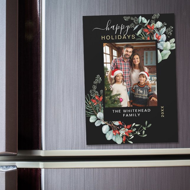 Aquarelle Botanique Black Holiday Magnet Card (You will love these beautiful Christmas cards! They feature botanical watercolor pine and berries.)