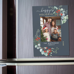 Aquarelle Botanique Blue Holiday Magnet Card