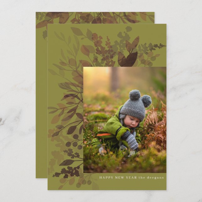 Aquarelle Botanique Carte Plat Nouvel An Vert (Devant / Derrière)