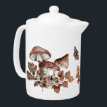 Aquarelle Botanique Champignons & Feuilles d'autom<br><div class="desc">Cette théière à thème nature a de l'aquarelle,  des illustrations d'art botanique de champignons rustiques,  des feuilles de chute,  des hanches roses et des papillons colorés pour un look cottagecore branché. Super cadeau de cuisine. Objets correspondants disponibles dans notre boutique.</div>