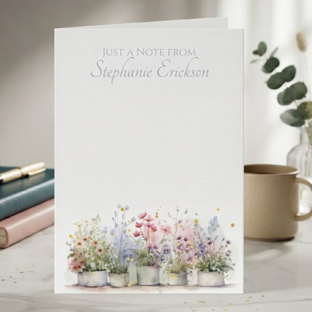 Aquarelle botanique de fleurs sauvages en pot (Watercolor potted floral note card for teacher appreciation.)