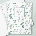 Aquarelle botanique monogramme<br><div class="desc">Ce joli planificateur présente un motif de feuilles vert aquarelle sur un arrière - plan blanc,  surmonté d'un rectangle avec votre monogramme,  nom et année. Tout le texte est personnalisable. Le verso du planificateur comporte également le motif feuille sur un arrière - plan blanc. Aquarelle originale © Michele Davies.</div>