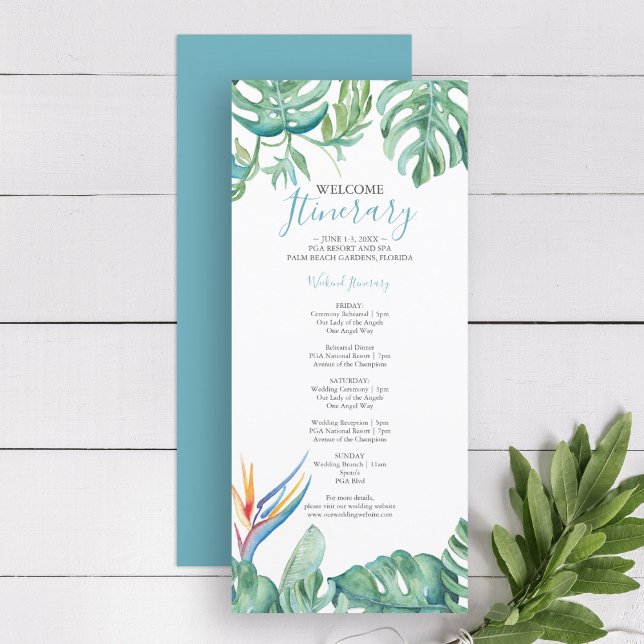Aquarelle Botanique Tropical Itinéraire Mariage (wedding itinerary template tropical watercolor bird of paradise and palm leaves Victoria Grigaliunas)