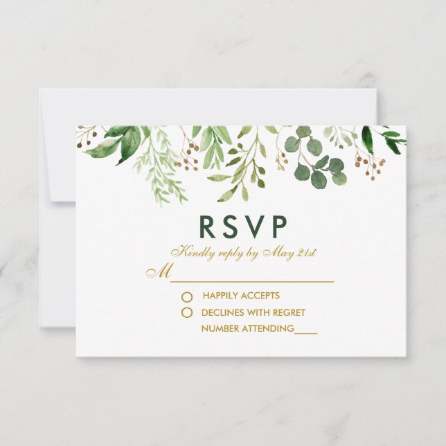 Aquarelle Botanique Vert Or Mariage RSVP (Devant)
