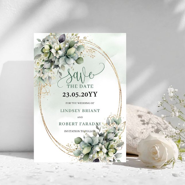Aquarelle botanique vert or Save The Date (Botanical Watercolor Green Gold Save The Date)