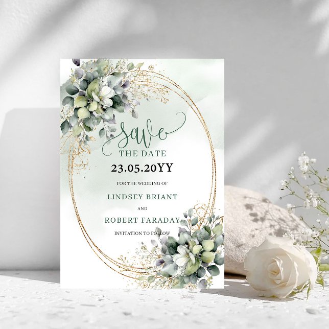 Aquarelle Botanique Vert Poussiéreux Save The Date (Watercolor Botanical Dusty Green Save The Date)