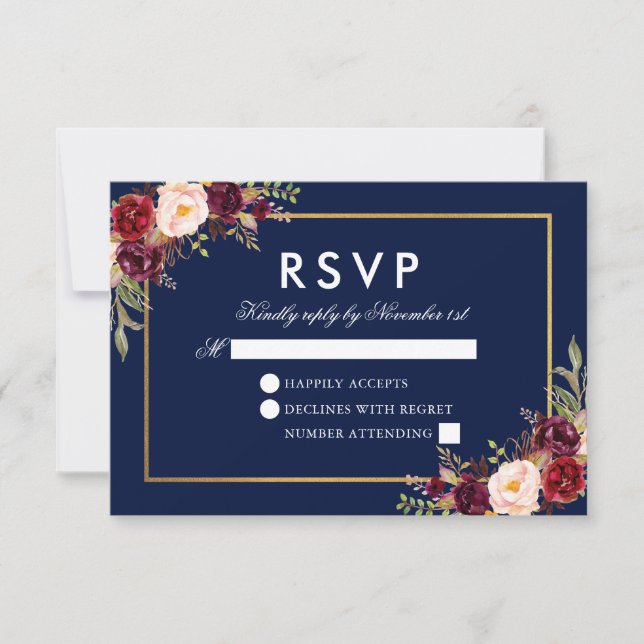 Aquarelle Bourgogne Floral Bleu Or RSVP (Devant)
