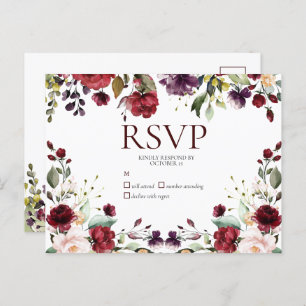 Aquarelle Bourgogne Floral Drop Pas de menu RSVP