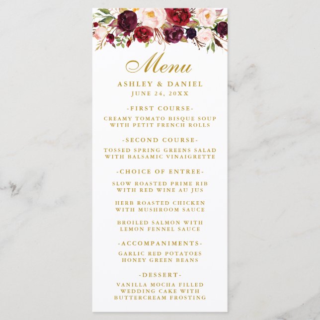 Aquarelle Bourgogne Floral Mariage Gold Menu (Devant)