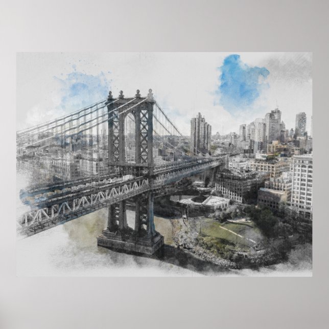 Aquarelle Brooklyn Bridge Poster - Elegant NYC (Devant)