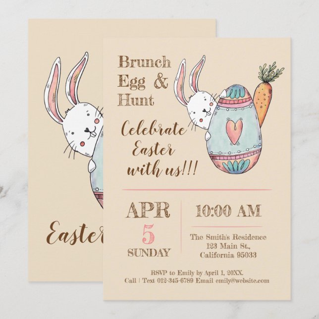 Aquarelle Brunch de Pâques et invitation à la chas (Devant / Derrière)