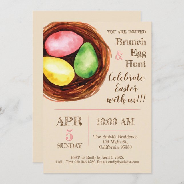 Aquarelle Brunch de Pâques et invitation à la chas (Devant / Derrière)