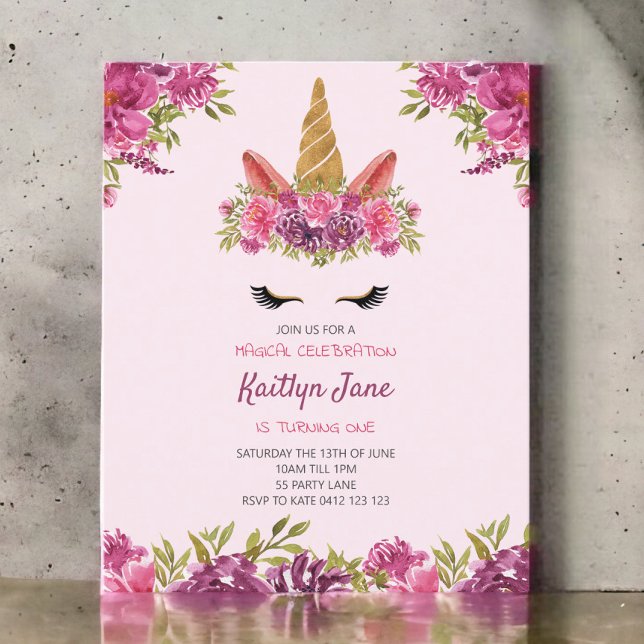 Aquarelle BUDGET Floral Unicorn rose Invitation (Créateur téléchargé)